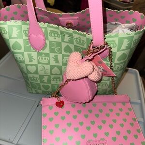 Juicy Couture Pink & Mint Heart Print Tote with Pouch